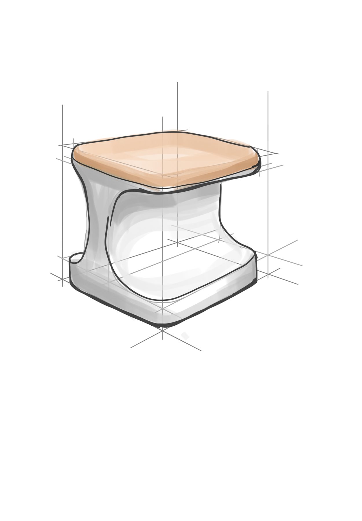 Digital sketch of a square stool with an oak seat