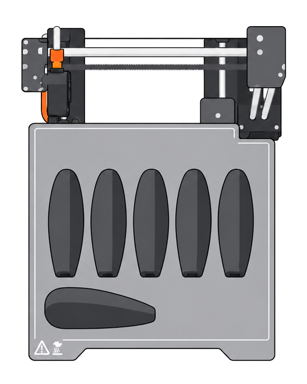 Six cutting mat brushes laid out on a Prusa Mini print bed