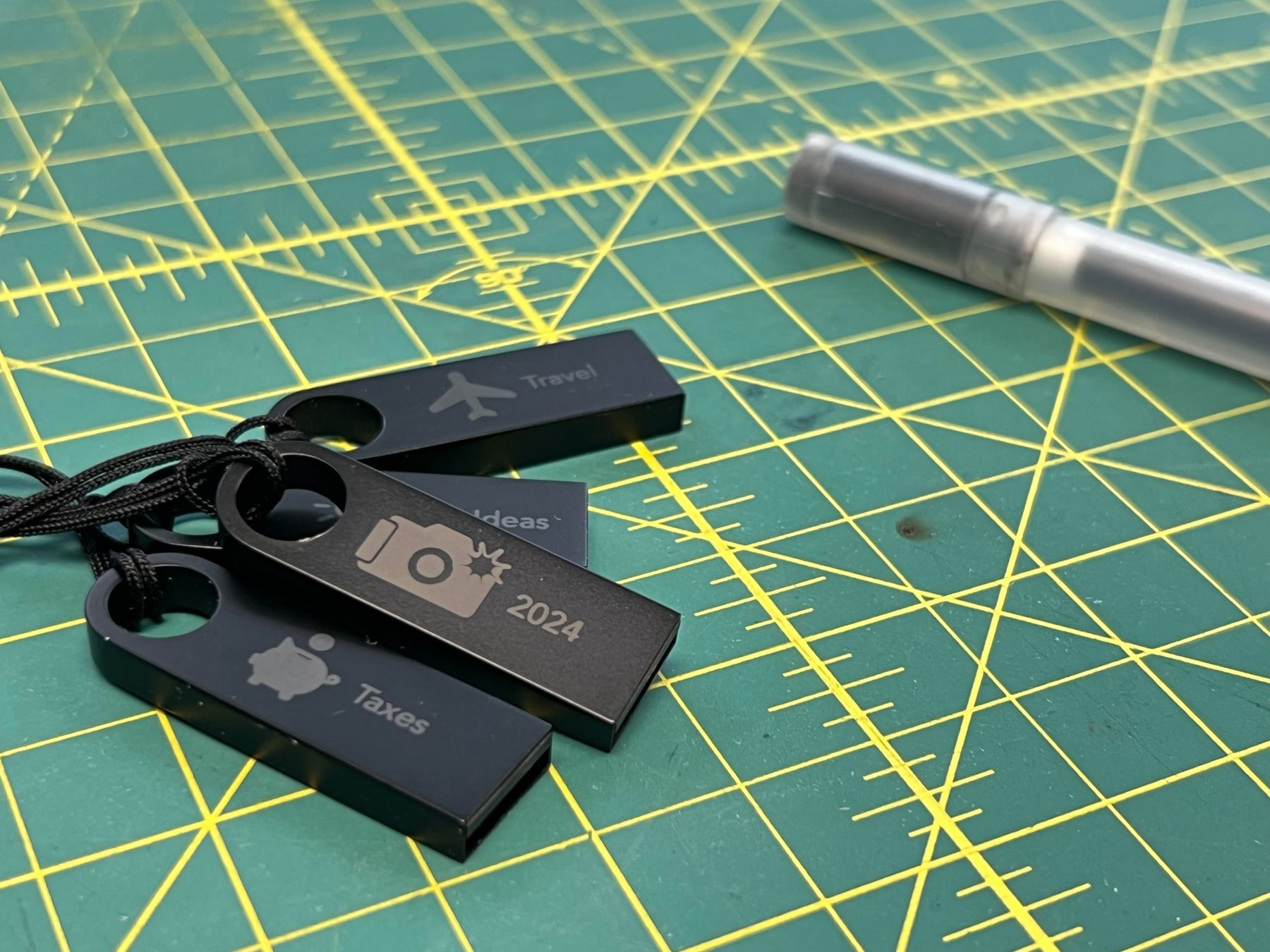 Engraved metal USB drives with icon labels