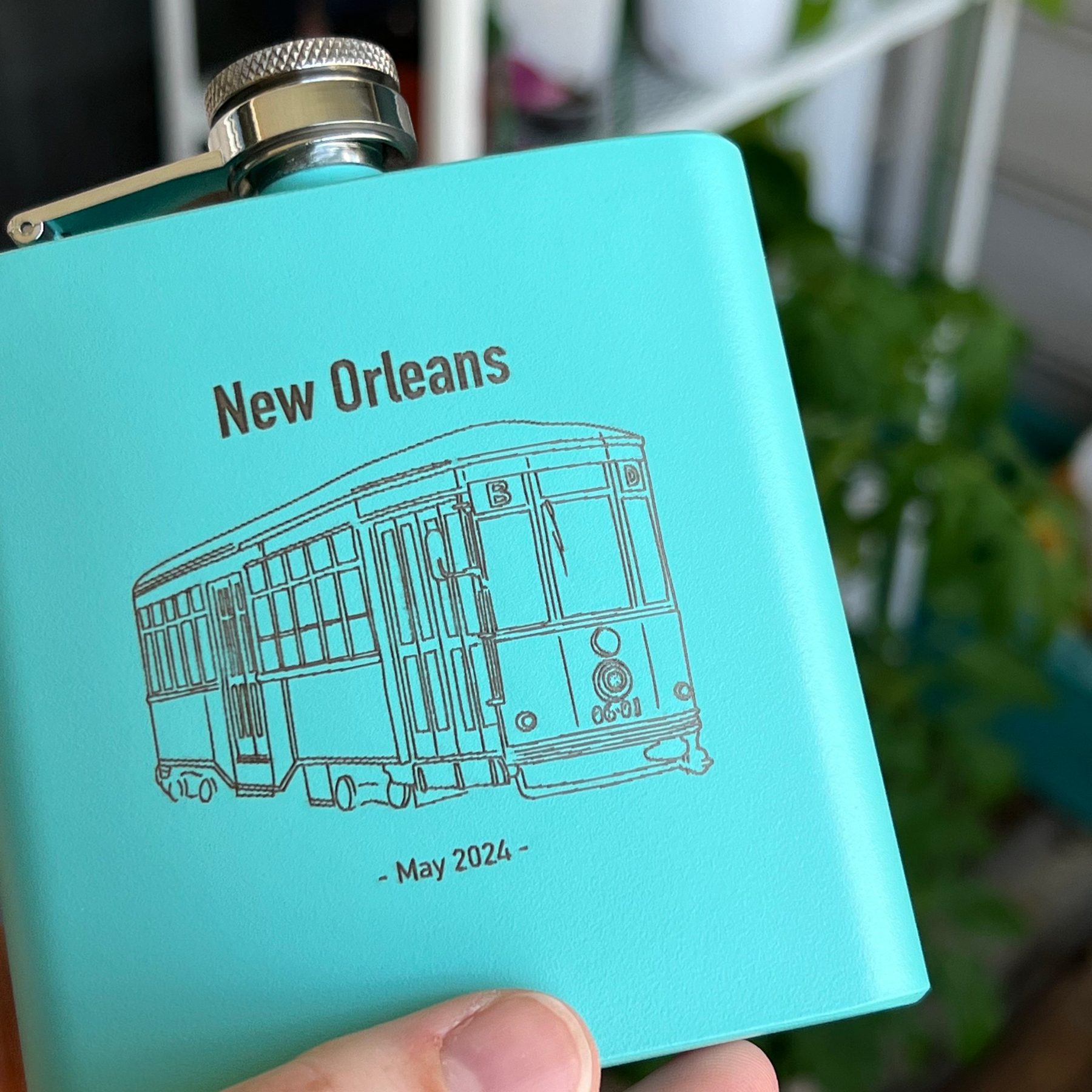 Engraved New Orleans streetcar flask